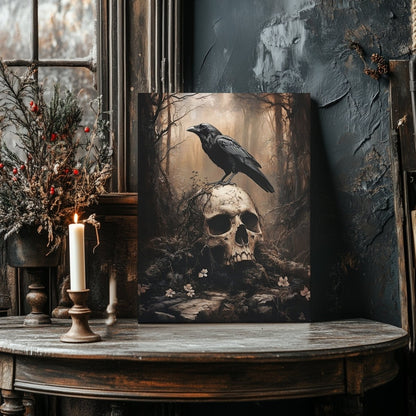 Raven and Skull Canvas Print – Gothic Occult Art in a Mystical Forest - Everything Pixel