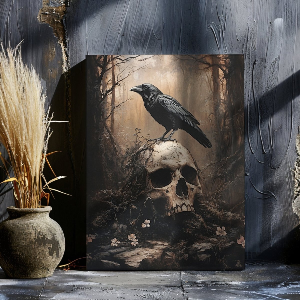 Raven and Skull Canvas Print – Gothic Occult Art in a Mystical Forest - Everything Pixel