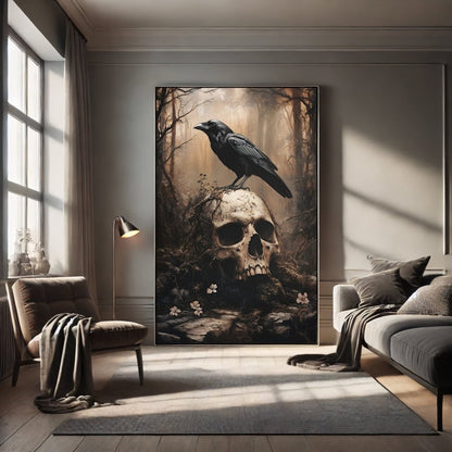 Raven and Skull Wall Art Print – Gothic Occult Art in a Mystical Forest - Everything Pixel