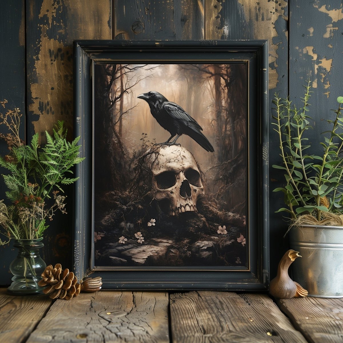 Raven and Skull Wall Art Print – Gothic Occult Art in a Mystical Forest - Everything Pixel