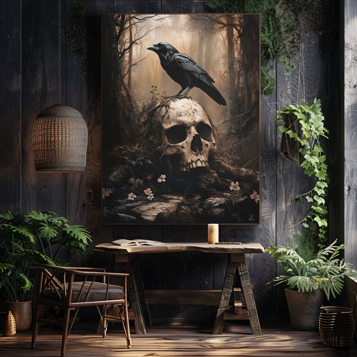 Raven and Skull Wall Art Print – Gothic Occult Art in a Mystical Forest - Everything Pixel