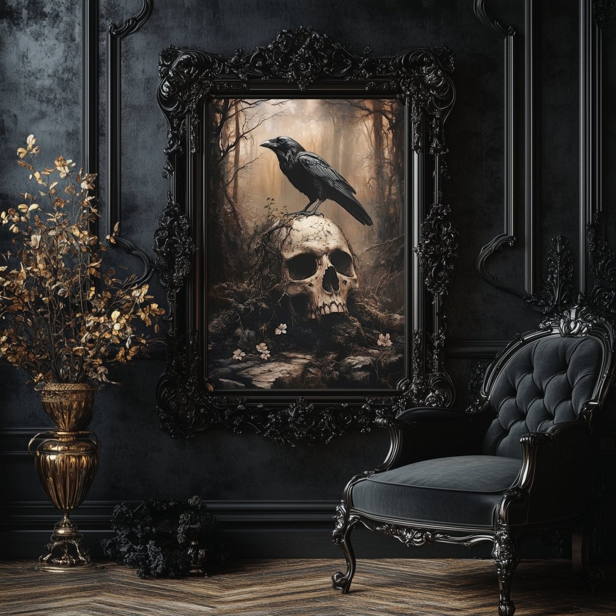 Raven and Skull Wall Art Print – Gothic Occult Art in a Mystical Forest - Everything Pixel