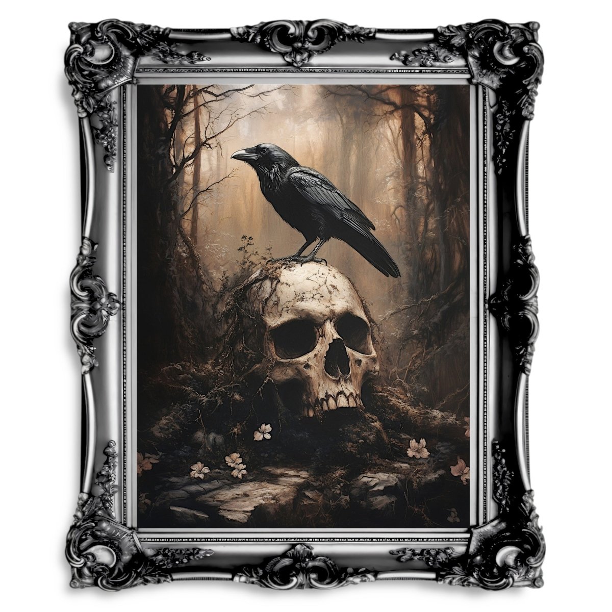 Raven and Skull Wall Art Print – Gothic Occult Art in a Mystical Forest - Everything Pixel