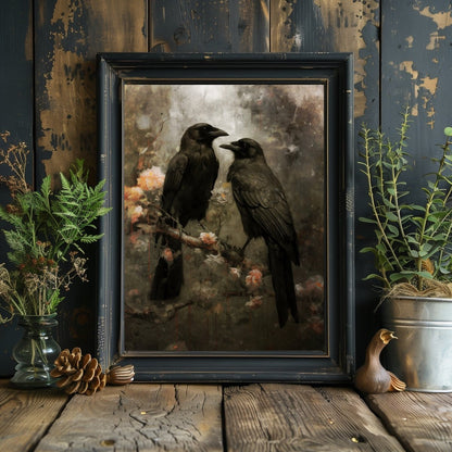 Raven Couple in Dark Forest Wall Art Vintage Dark Cottagecore Wildlife Painting Gothic Decor Dark Academia Artwork Retro Art Paper Poster Print - Everything Pixel