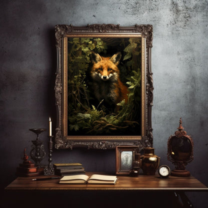 Red Fox in Moody Forest Wall Art Dark Cottagecore Vintage Dark Academia Print Woodland Animal Art Wildlife Painting Gothic Paper Poster Print - Everything Pixel