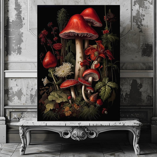 Red Mushrooms in Dark Forest Canvas Print Dark Cottagecore Goblincore Vintage Botanical Amanita Decor Whimsigoth Gothic Dark Academia - Everything Pixel