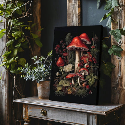 Red Mushrooms in Dark Forest Canvas Print Dark Cottagecore Goblincore Vintage Botanical Amanita Decor Whimsigoth Gothic Dark Academia - Everything Pixel