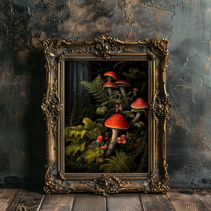 Red Mushrooms in Dark Forest Paper Poster Prints Wall Art Dark Cottagecore Goblincore Vintage Botanical Decor Witchy Gothic Dark Academia Mushroom - Everything Pixel