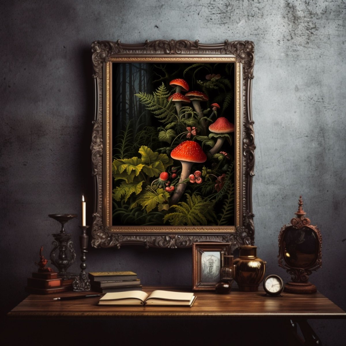 Red Mushrooms in Dark Forest Paper Poster Prints Wall Art Dark Cottagecore Goblincore Vintage Botanical Decor Witchy Gothic Dark Academia Mushroom - Everything Pixel