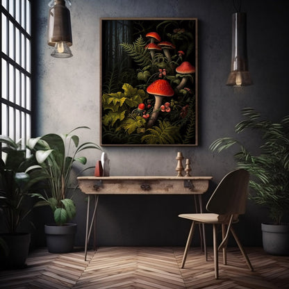 Red Mushrooms in Dark Forest Paper Poster Prints Wall Art Dark Cottagecore Goblincore Vintage Botanical Decor Witchy Gothic Dark Academia Mushroom - Everything Pixel