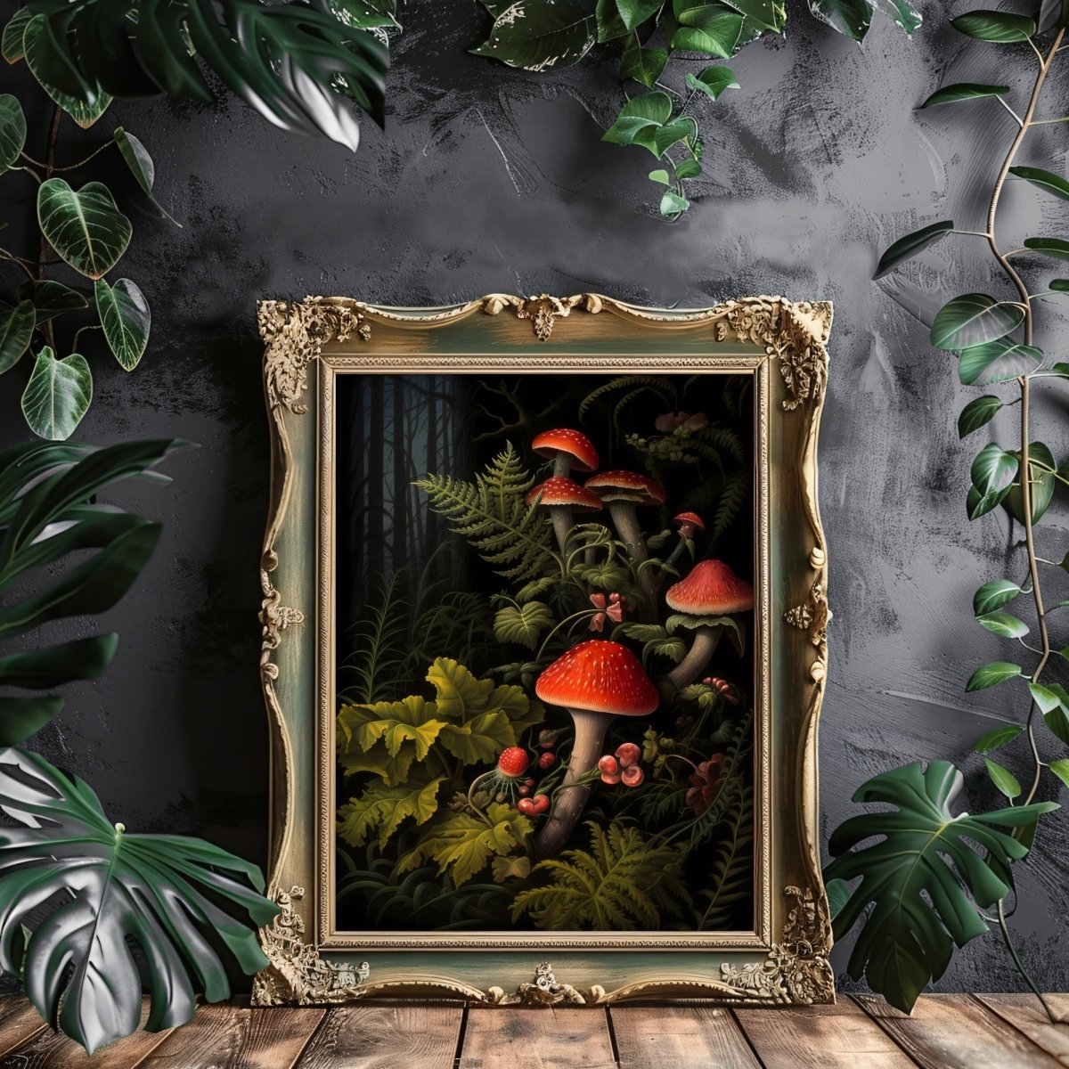 Red Mushrooms in Dark Forest Paper Poster Prints Wall Art Dark Cottagecore Goblincore Vintage Botanical Decor Witchy Gothic Dark Academia Mushroom - Everything Pixel