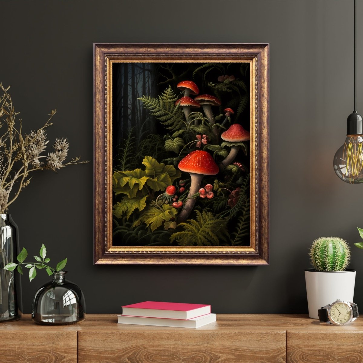 Red Mushrooms in Dark Forest Paper Poster Prints Wall Art Dark Cottagecore Goblincore Vintage Botanical Decor Witchy Gothic Dark Academia Mushroom - Everything Pixel