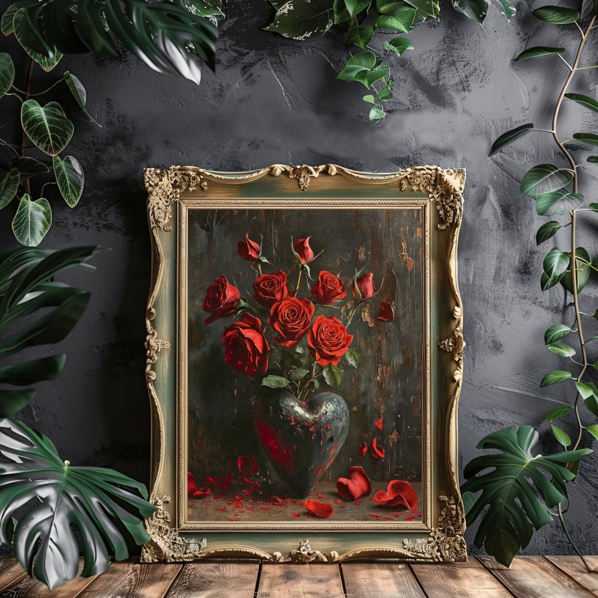 Red Rose Valentine Wall Art Still Life Oil Painting Heart with Red Roses Gothic Decor Goblincore Decor Dark Romance Print Paper Poster Print - Everything Pixel