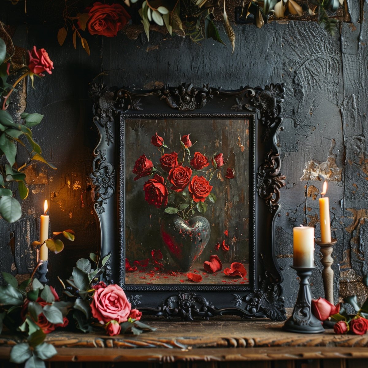 Red Rose Valentine Wall Art Still Life Oil Painting Heart with Red Roses Gothic Decor Goblincore Decor Dark Romance Print Paper Poster Print - Everything Pixel