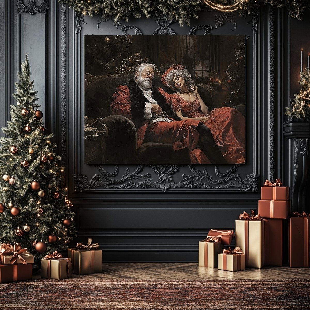 Romantic Santa and Mrs. Claus Canvas Print - Cozy Christmas Night Scene for Holiday Decor - Everything Pixel