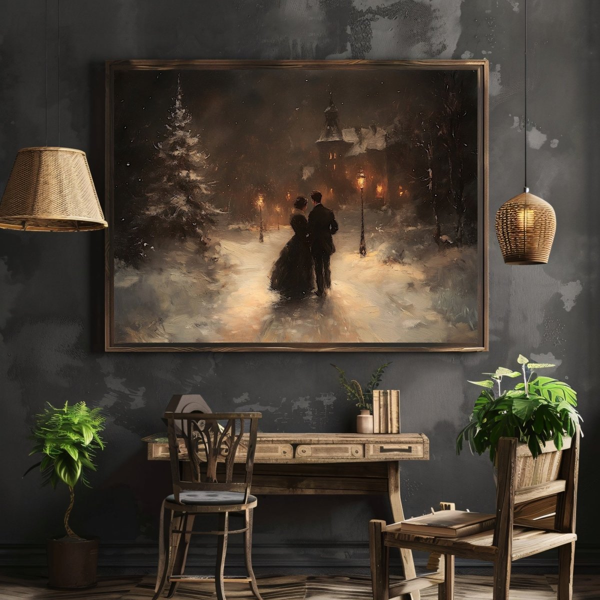 Romantic Winter Evening Wall Art Print – Couple Strolling in Snow Toward a Grand House, Cozy Christmas Night Scene - Everything Pixel