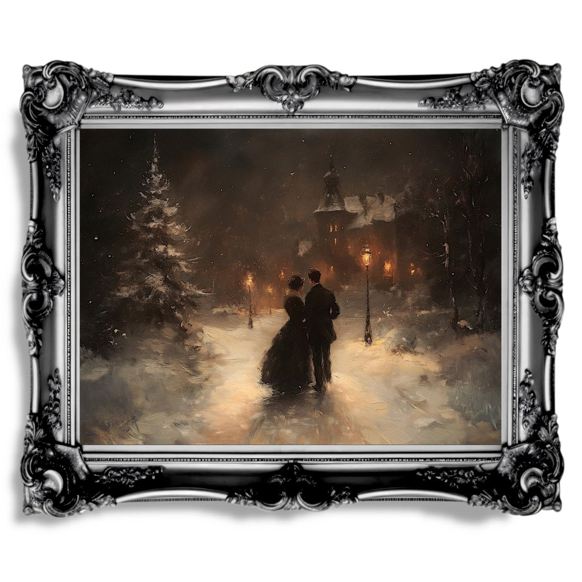 Romantic Winter Evening Wall Art Print – Couple Strolling in Snow Toward a Grand House, Cozy Christmas Night Scene - Everything Pixel