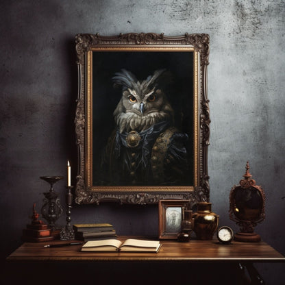 Royal Owl Wall Art Renaissance Animal Portrait Painting Baroque Owl Artwork Dark Academia Poster Animal Goat Goth Decor Paper Poster Print - Everything Pixel