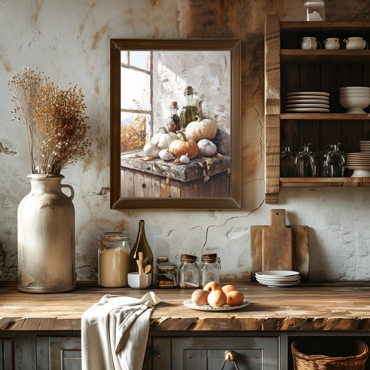 Rustic Autumn Harvest Still Life Wall Art Print - Autumn Kitchen Decor, Vintage Farmhouse Wall Art - Everything Pixel