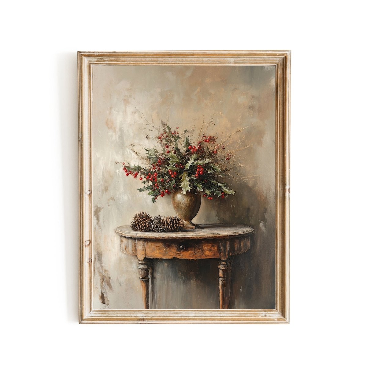 Rustic Holly Branch Wall Art Print – Cozy Festive Still Life with Red Berries and Pinecones - Everything Pixel