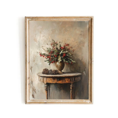 Rustic Holly Branch Wall Art Print – Cozy Festive Still Life with Red Berries and Pinecones - Everything Pixel