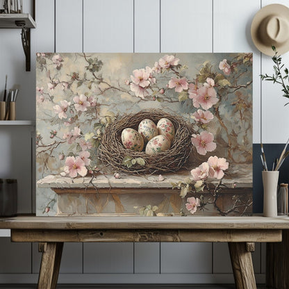 Rustic Spring Nest Canvas Print – Floral Eggs and Pink Blossom Decor - Everything Pixel