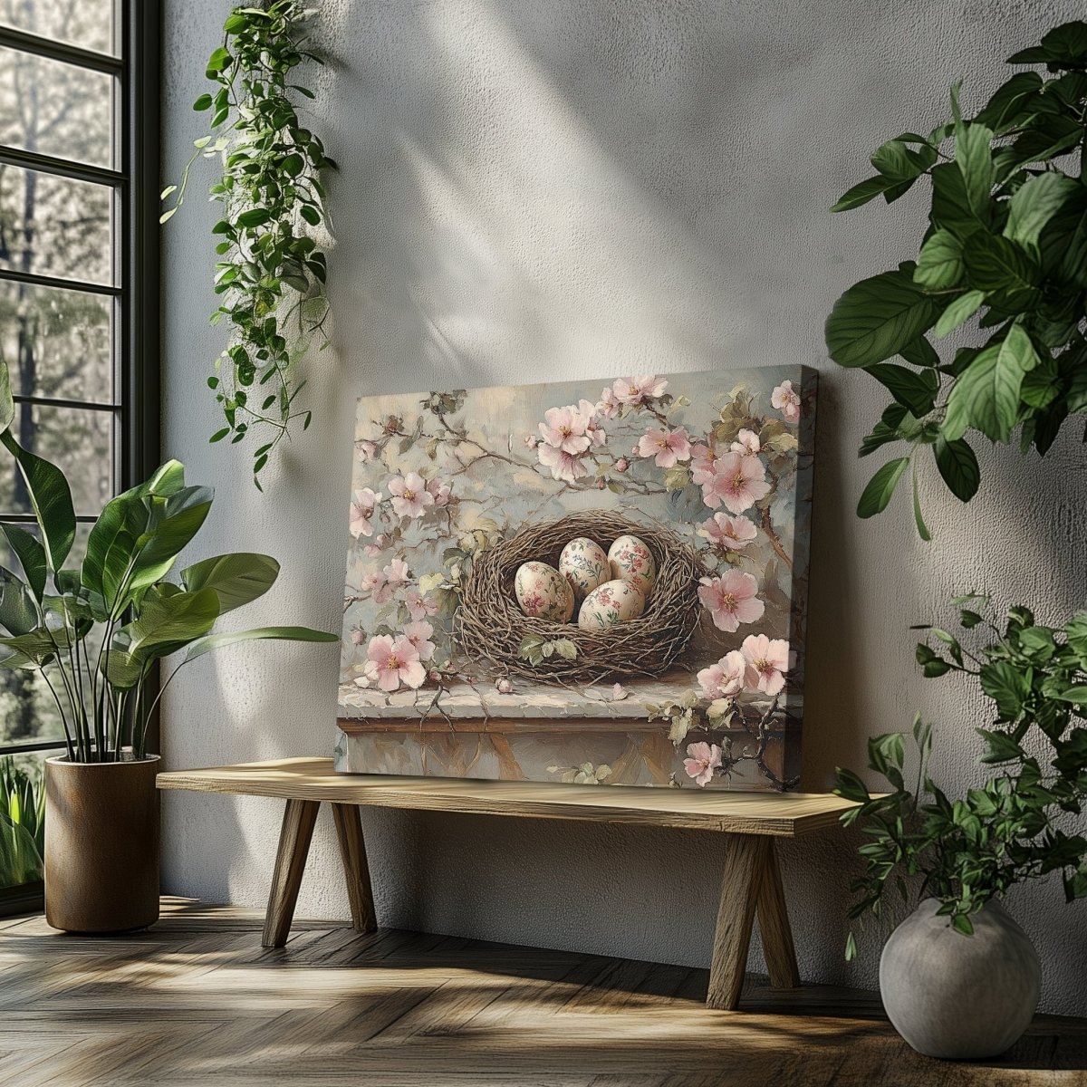 Rustic Spring Nest Canvas Print – Floral Eggs and Pink Blossom Decor - Everything Pixel