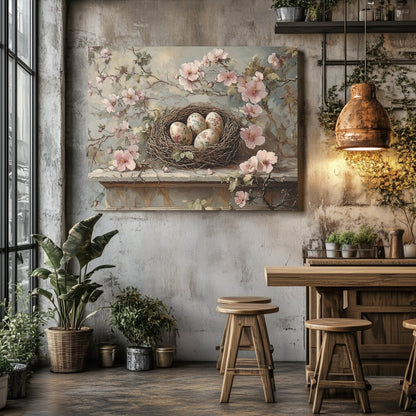 Rustic Spring Nest Canvas Print – Floral Eggs and Pink Blossom Decor - Everything Pixel