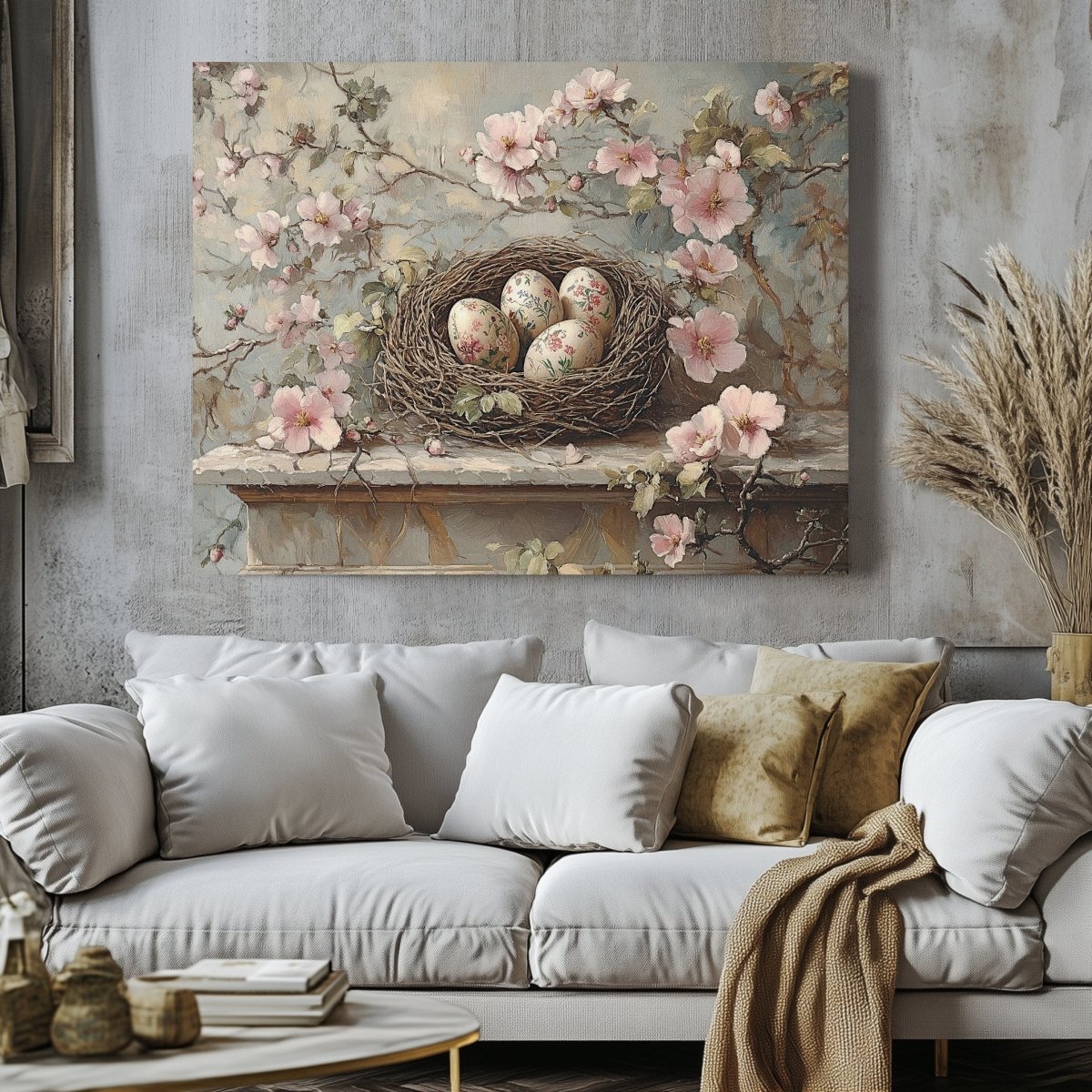 Rustic Spring Nest Canvas Print – Floral Eggs and Pink Blossom Decor - Everything Pixel