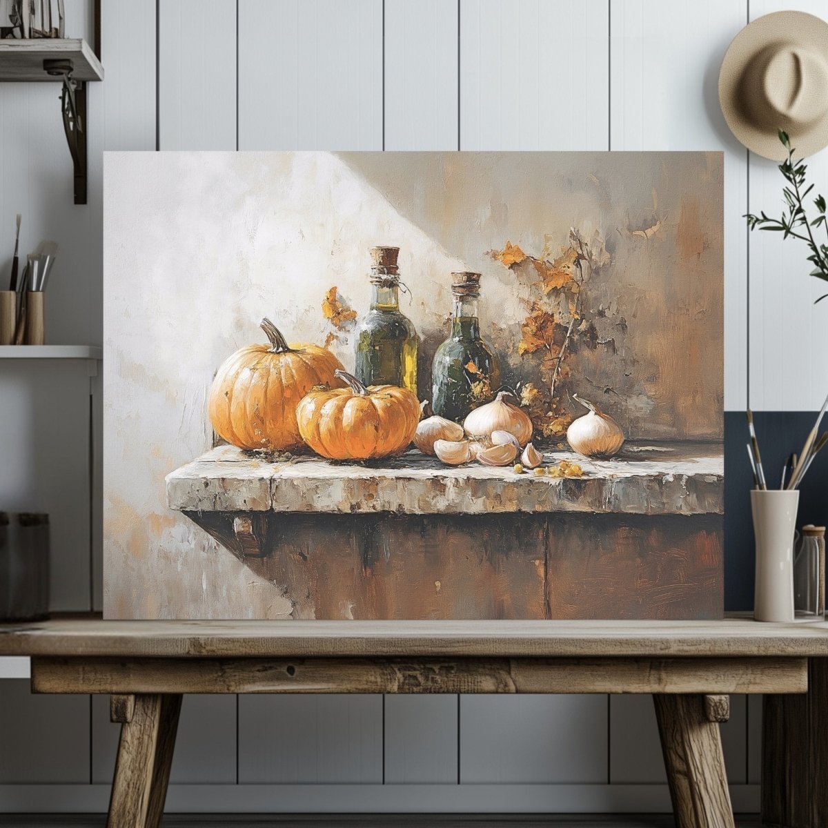 Rustic Still Life with Pumpkins Canvas Print - Cozy Autumn Kitchen Decor, Vintage Farmhouse Print - Everything Pixel