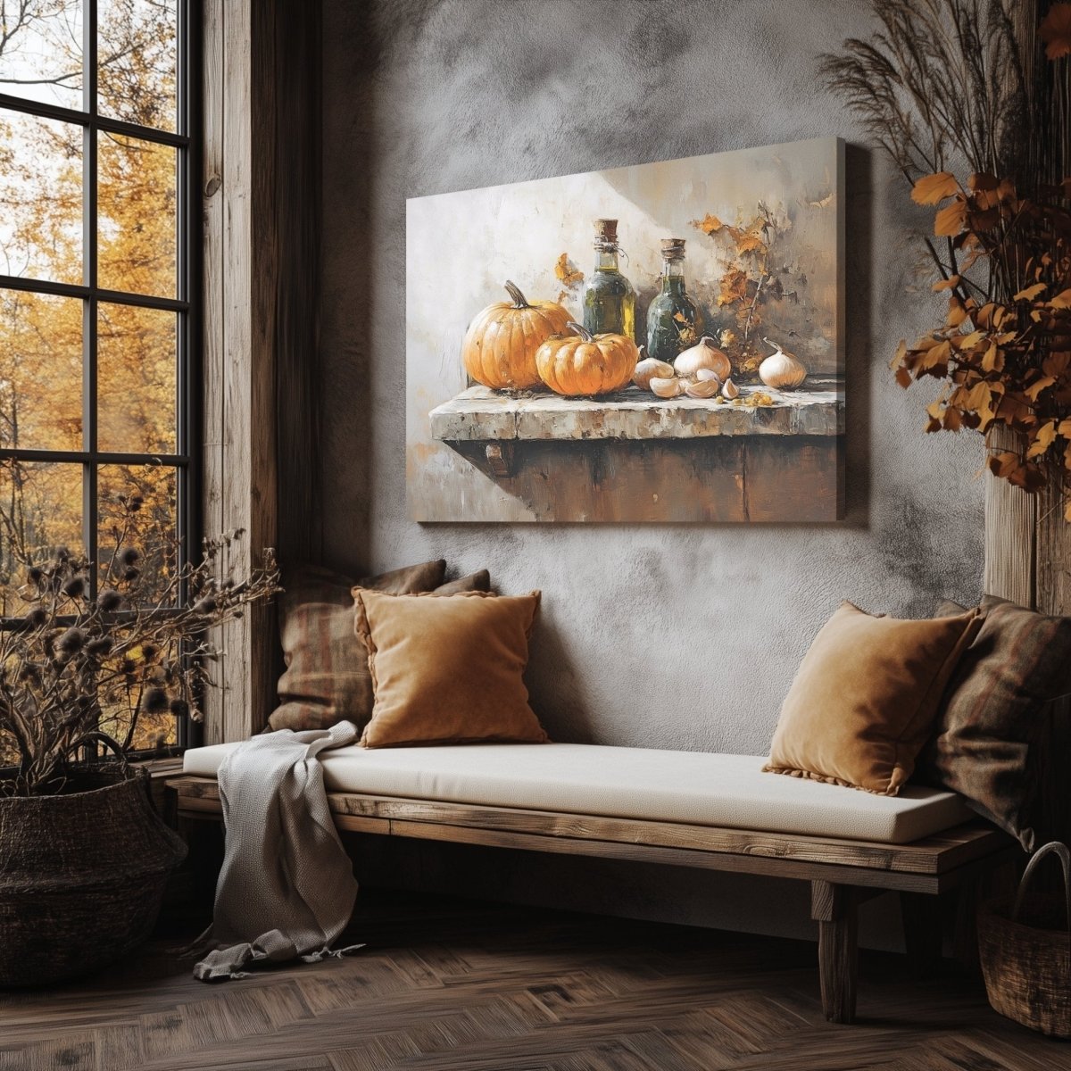 Rustic Still Life with Pumpkins Canvas Print - Cozy Autumn Kitchen Decor, Vintage Farmhouse Print - Everything Pixel