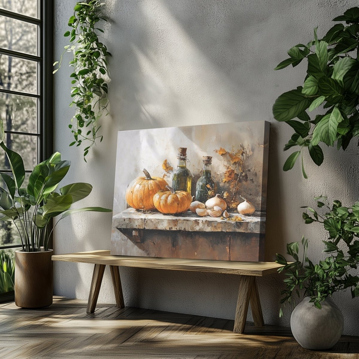 Rustic Still Life with Pumpkins Canvas Print - Cozy Autumn Kitchen Decor, Vintage Farmhouse Print - Everything Pixel