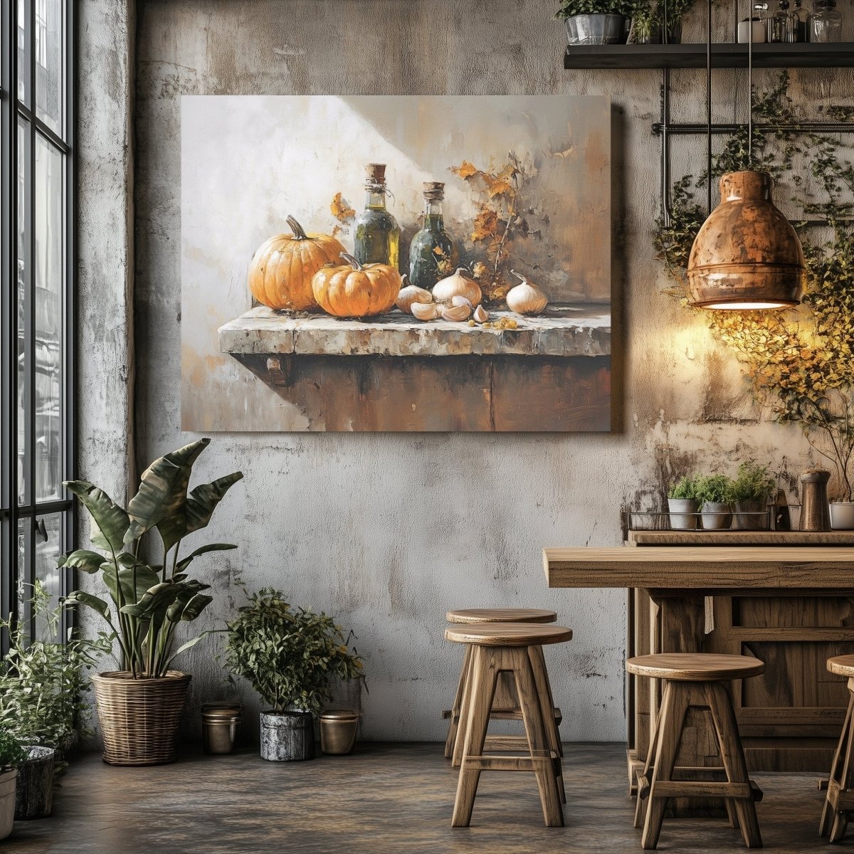 Rustic Still Life with Pumpkins Canvas Print - Cozy Autumn Kitchen Decor, Vintage Farmhouse Print - Everything Pixel
