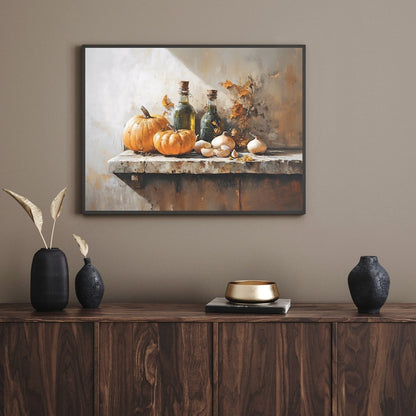 Rustic Still Life with Pumpkins Wall Art Print - Cozy Autumn Kitchen Decor, Vintage Farmhouse Print - Everything Pixel