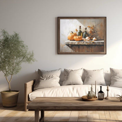 Rustic Still Life with Pumpkins Wall Art Print - Cozy Autumn Kitchen Decor, Vintage Farmhouse Print - Everything Pixel