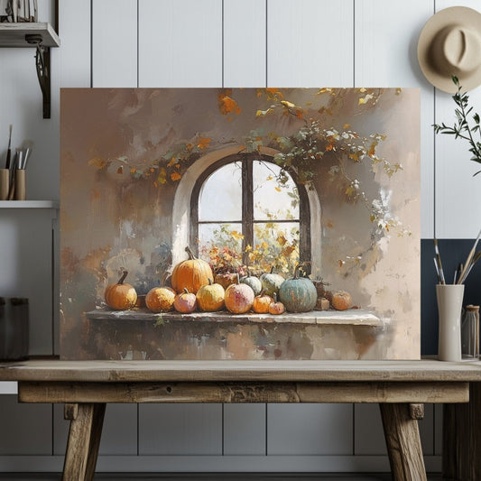 Rustic Windowsill with Pumpkins Canvas Print - Cozy Autumn Decor, Farmhouse Vintage Fall Still Life - Everything Pixel