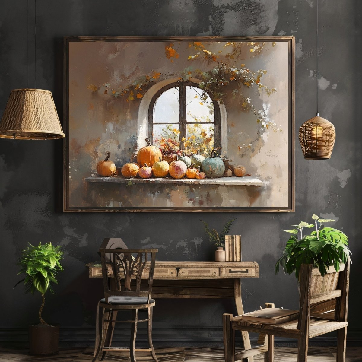 Rustic Windowsill with Pumpkins Wall Art Print - Cozy Autumn Decor, Farmhouse Vintage Fall Still Life - Everything Pixel