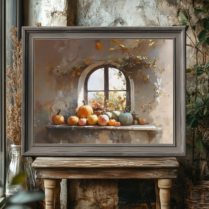 Rustic Windowsill with Pumpkins Wall Art Print - Cozy Autumn Decor, Farmhouse Vintage Fall Still Life - Everything Pixel