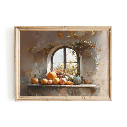 Rustic Windowsill with Pumpkins Wall Art Print - Cozy Autumn Decor, Farmhouse Vintage Fall Still Life - Everything Pixel