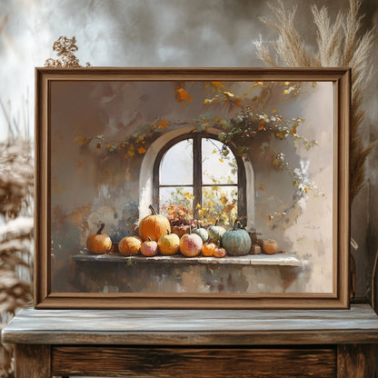 Rustic Windowsill with Pumpkins Wall Art Print - Cozy Autumn Decor, Farmhouse Vintage Fall Still Life - Everything Pixel
