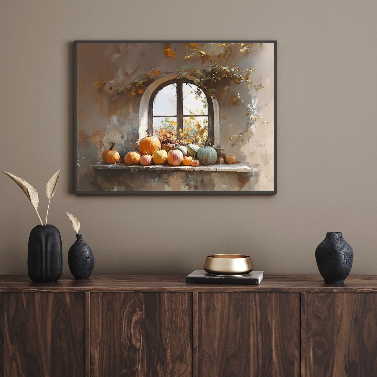 Rustic Windowsill with Pumpkins Wall Art Print - Cozy Autumn Decor, Farmhouse Vintage Fall Still Life - Everything Pixel