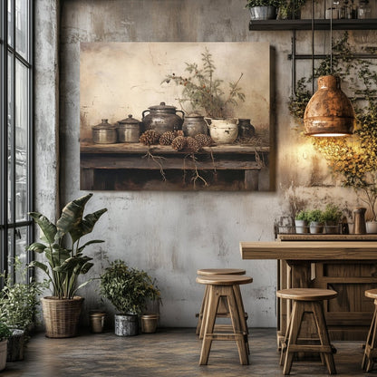 Rustic Winter Still Life Canvas Print - Vintage Farmhouse Art, Earthy Cottagecore Decor - Everything Pixel