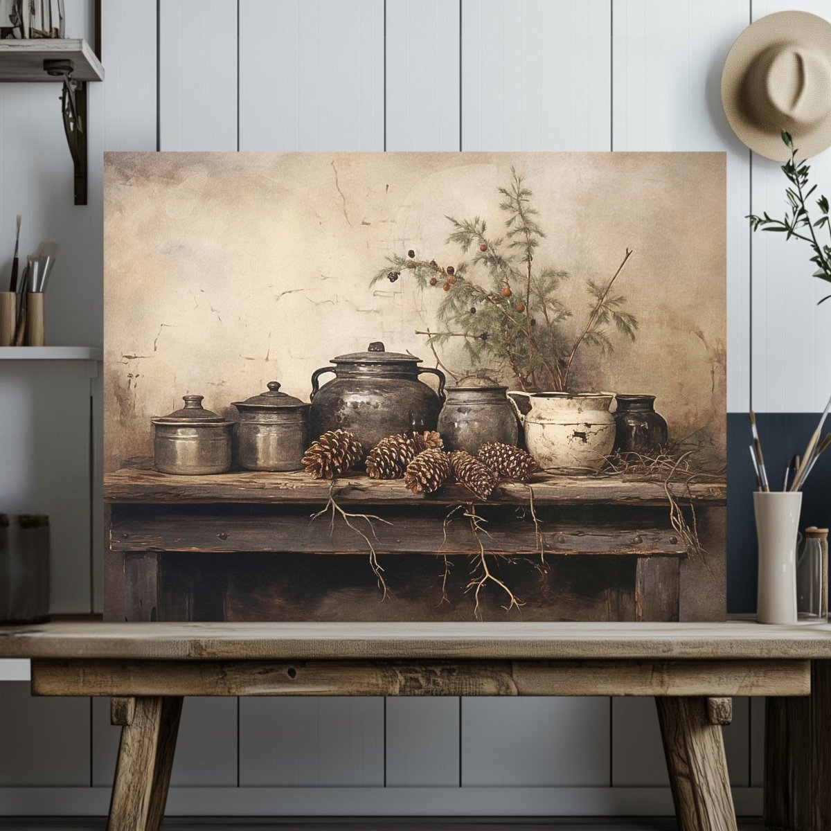 Rustic Winter Still Life Canvas Print - Vintage Farmhouse Art, Earthy Cottagecore Decor - Everything Pixel