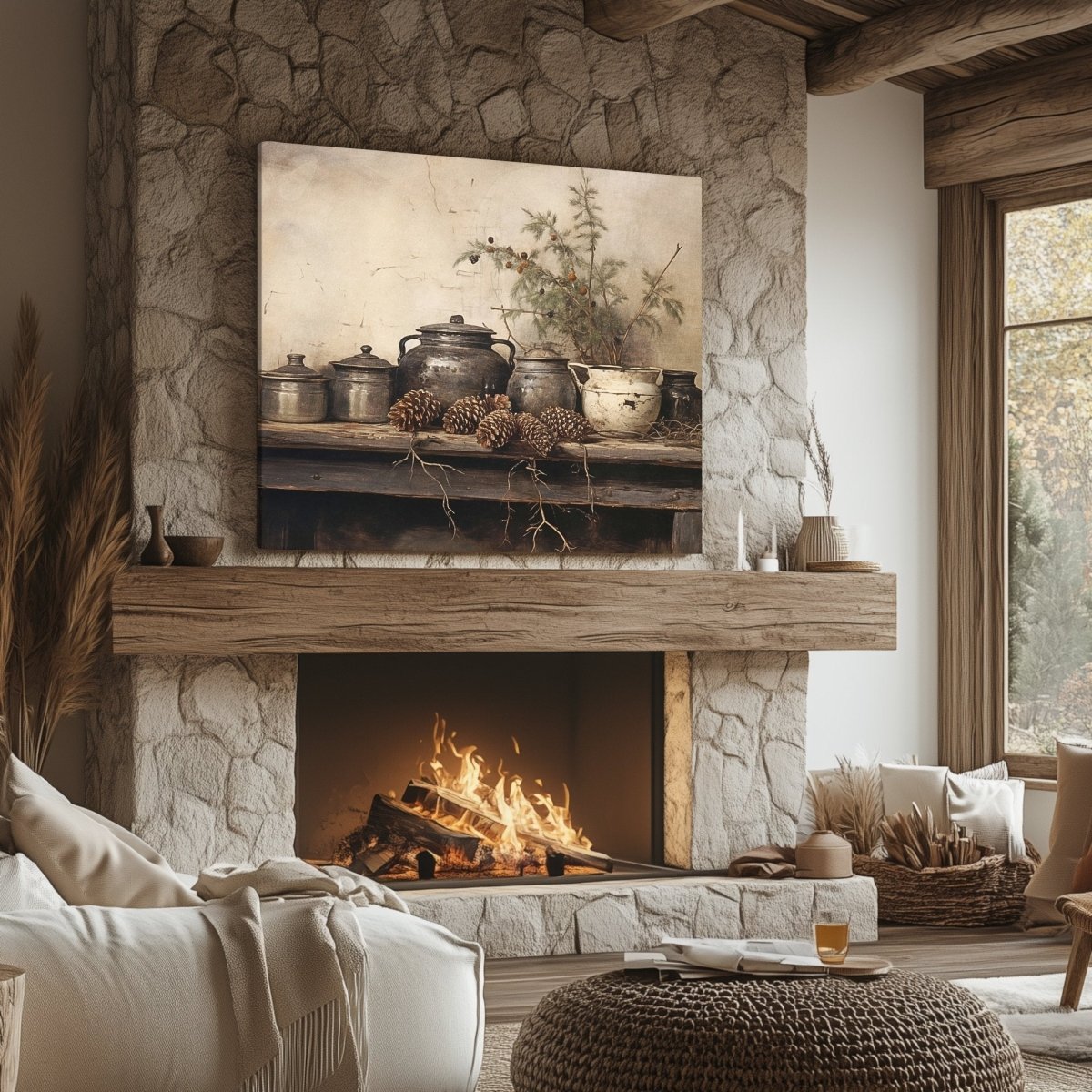 Rustic Winter Still Life Canvas Print - Vintage Farmhouse Art, Earthy Cottagecore Decor - Everything Pixel