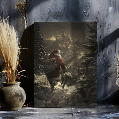 Santa and Reindeer Overlooking a Snowy Village - Festive Christmas Canvas Print for Winter Decor - Everything Pixel