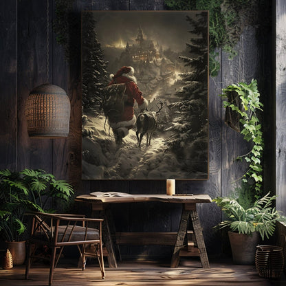 Santa and Reindeer Overlooking Village on Christmas Eve - Winter Wall Art Print for Holiday Decor - Everything Pixel