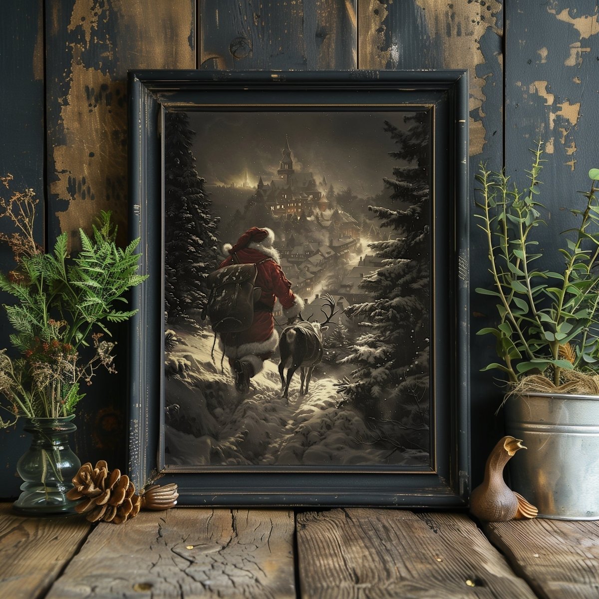 Santa and Reindeer Overlooking Village on Christmas Eve - Winter Wall Art Print for Holiday Decor - Everything Pixel