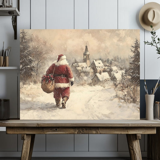 Santa Claus Canvas Print – Iconic Red Suit, Snowy Path to a Cozy Holiday Village - Everything Pixel