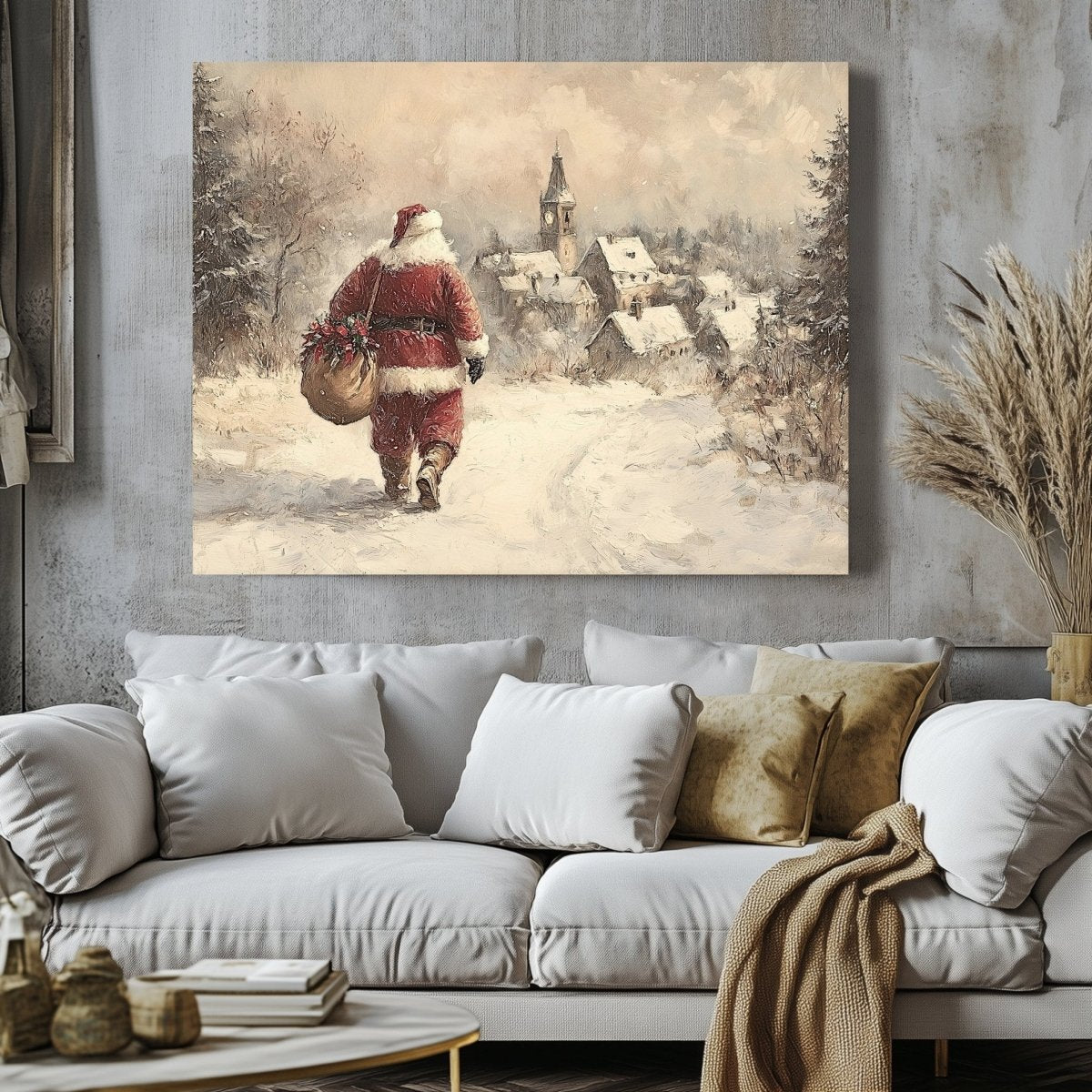 Santa Claus Canvas Print – Iconic Red Suit, Snowy Path to a Cozy Holiday Village - Everything Pixel