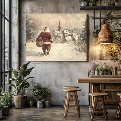 Santa Claus Canvas Print – Iconic Red Suit, Snowy Path to a Cozy Holiday Village - Everything Pixel